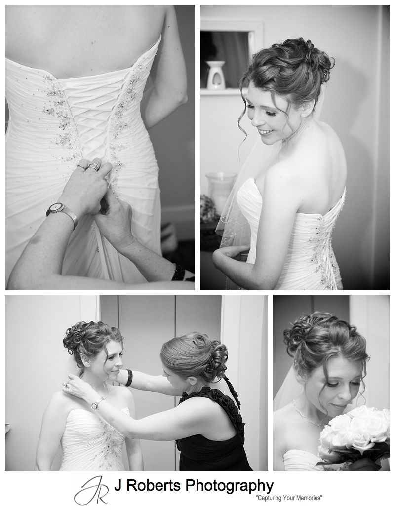 B&W portraits of bride getting into wedding dress - sydney wedding photographer 